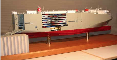 K-LINE RORO船 大型自動車運搬船 ファイバーグラス製超精密船舶モデル 　展示用模型台座付き