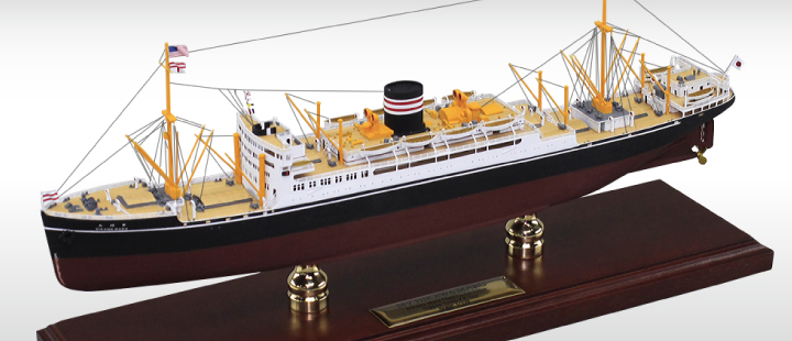 氷川丸精密模型完成品(HIKAWA-MARU)木製ハンドメイド船超精密船舶モデル 　展示用模型台座付き