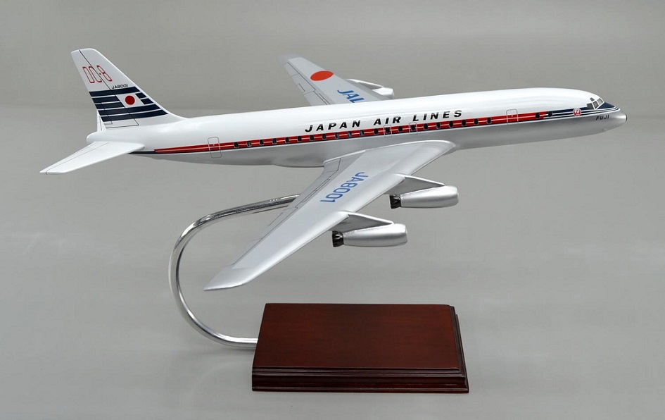 DC-8-32 FUJI DOUGLAS DC-8 JA8001 日本航空ジェット旅客機 精密模型完成品,ギアダウン　操縦席・客席窓=アクリル透明仕様 ハンドメイド木製ソリッドモデル、ウッドマンクラブ