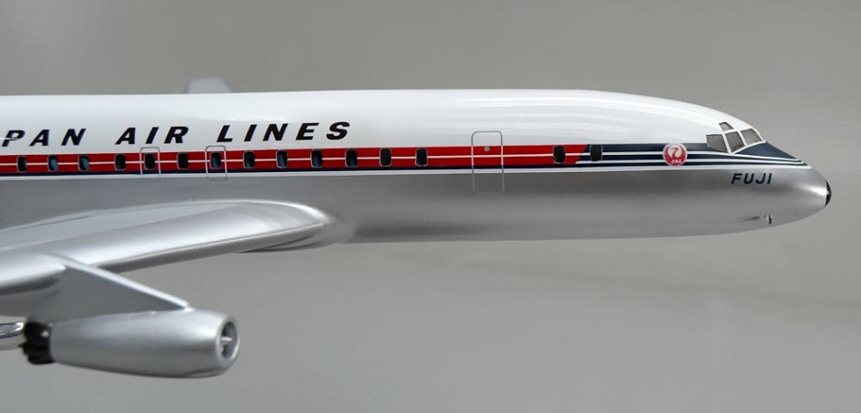 DC-8-32 FUJI DOUGLAS DC-8 JA8001 日本航空ジェット旅客機 精密模型完成品,ギアダウン　操縦席・客席窓=アクリル透明仕様 ハンドメイド木製ソリッドモデル、ウッドマンクラブ