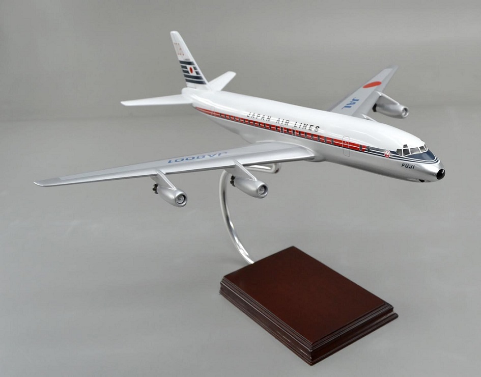 DC-8-32 FUJI DOUGLAS DC-8 JA8001 日本航空ジェット旅客機 精密模型完成品,ギアダウン　操縦席・客席窓=アクリル透明仕様 ハンドメイド木製ソリッドモデル、ウッドマンクラブ