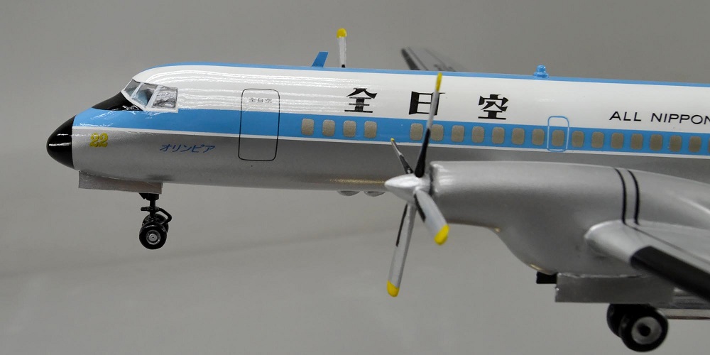 1/80 YS-11 ANA全日本空輸 全日空 ギアダウン プロペラ旅客機 日本航空機製造 ターボプロップ ワイエス11、プロペラ回転　操縦席・客席窓=アクリル透明仕様 ハンドメイド木製ソリッドモデル、旅客機模型完成品、ウッドマンクラブ