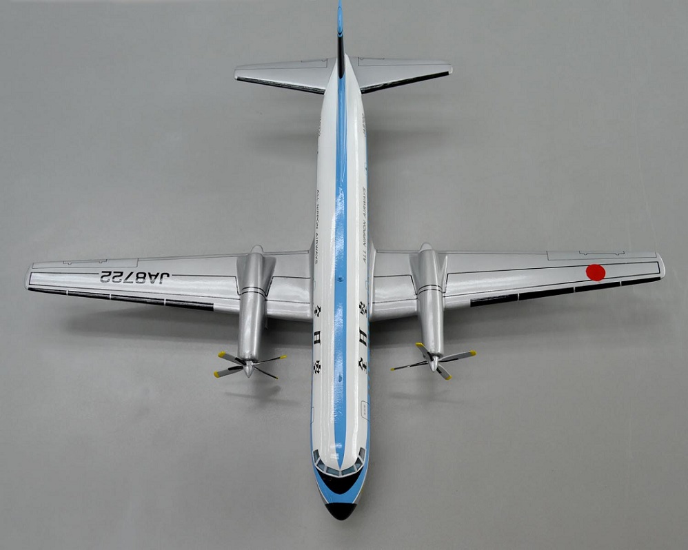 1/80 YS-11 ANA全日本空輸 全日空 ギアダウン プロペラ旅客機 日本航空機製造 ターボプロップ ワイエス11、プロペラ回転　操縦席・客席窓=アクリル透明仕様 ハンドメイド木製ソリッドモデル、旅客機模型完成品、ウッドマンクラブ