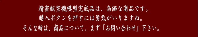 精密航空機模型完成品は、高価な商品です。購入ボタンを押すには勇気が入りますね。そんな時は、商品について、まず「お問い合わせ」下さい。