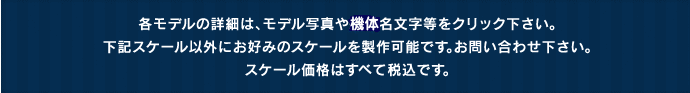 各モデルの詳細は、モデル写真や船舶名文字等をクリック下さい。下記スケール以外にお好みのスケールを製作可能です。お問い合わせ下さい。スケール価格はすべて税込です。